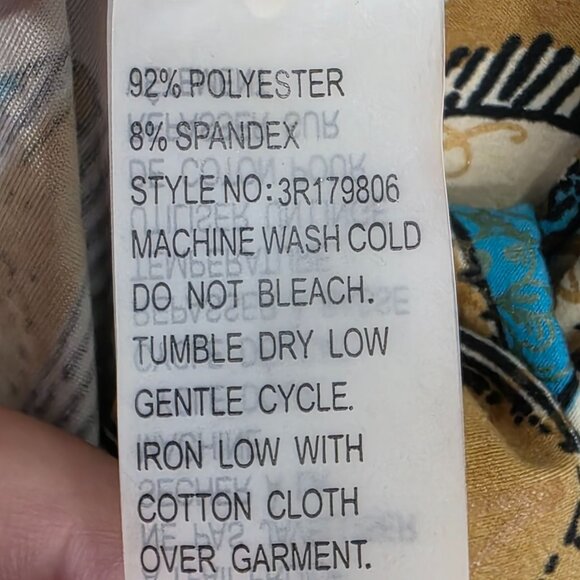 Womens Nygard Beige & Teal Abstract Blouse Short Sleeve V Neck Polyester Size M - Picture 3 of 7